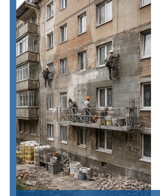 Капитальный ремонт фасада в Саянске с восстановлением и гидроизоляцией