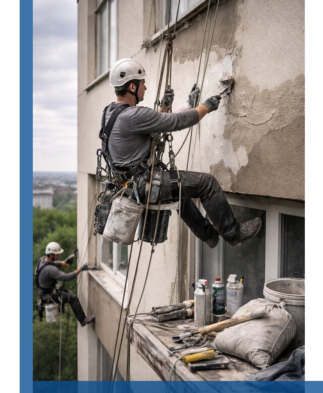 Косметический ремонт фасада зданий в Саянске промышленными альпинистами