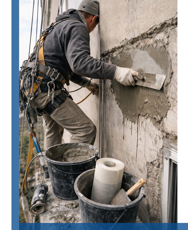 Ремонт бетонных элементов фасада промышленными альпинистами в Саянске