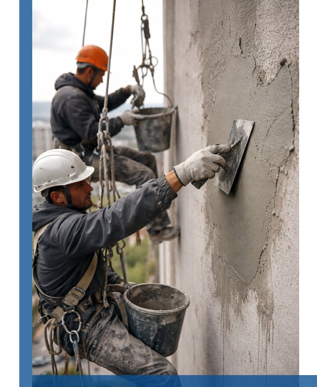 Штукатурка фасада на высоте в Саянске профессиональные работы