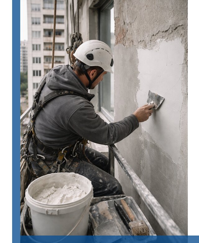 Шпаклевка фасадов на высоте с промальпинистами в Саянске