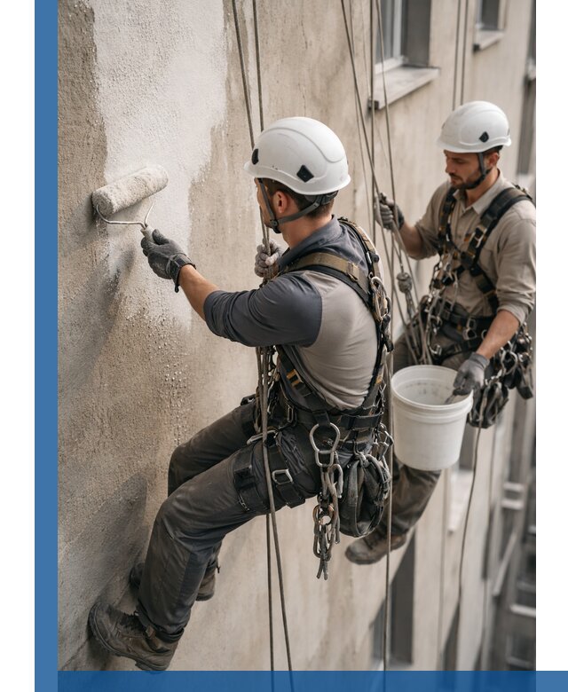 Грунтовка фасада на высоте в Саянске промышленными альпинистами