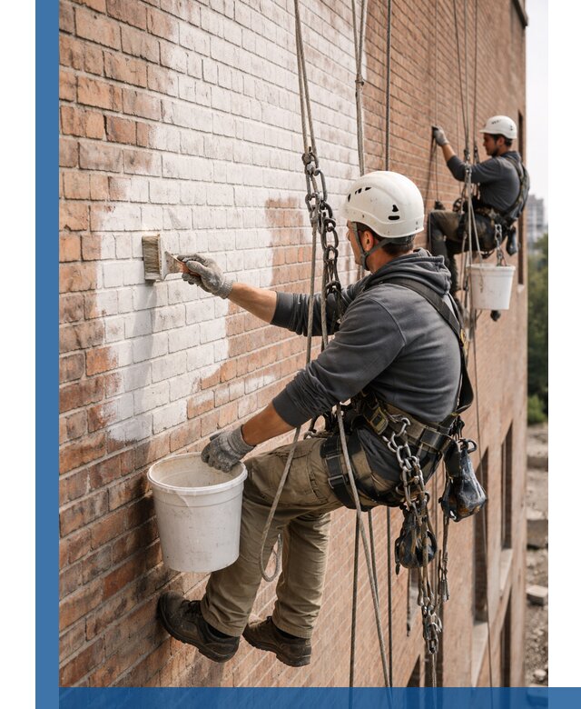 Покраска кирпичного фасада с доступным альпинистским сервисом в Саянске