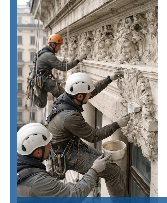 Реставрация фасадной лепнины с высотными работами в Саянске