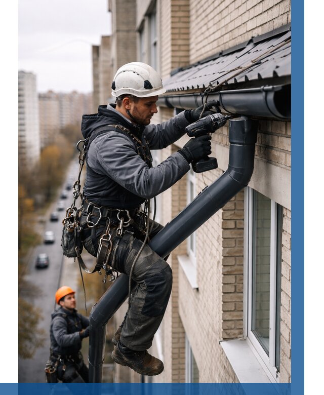 Монтаж водосточной системы на здании в Саянске от 5087 р. | ВЫСОТНИК-Сск