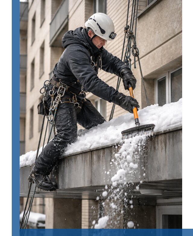 Очистка козырьков от снега в Саянске круглогодично безопасно