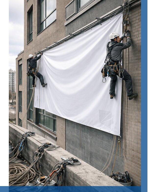 Монтаж баннеров на фасаде в Саянске от 661 р. заказать ВЫСОТНИК-Сск