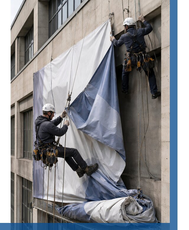 Демонтаж баннеров с фасада в Саянске от 4578 р. | ВЫСОТНИК-Сск