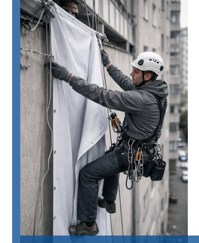Замена баннерного полотна промышленными альпинистами в Саянске