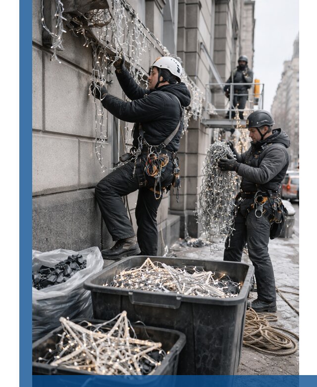 Демонтаж новогоднего оформления и гирлянд в Саянске