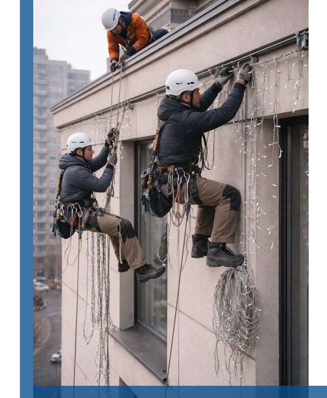 Монтаж праздничных гирлянд на фасаде в Саянске для зданий