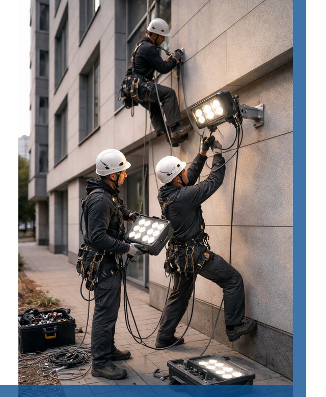Монтаж прожекторов на фасаде в Саянске от 7631 р. | ВЫСОТНИК-Сск