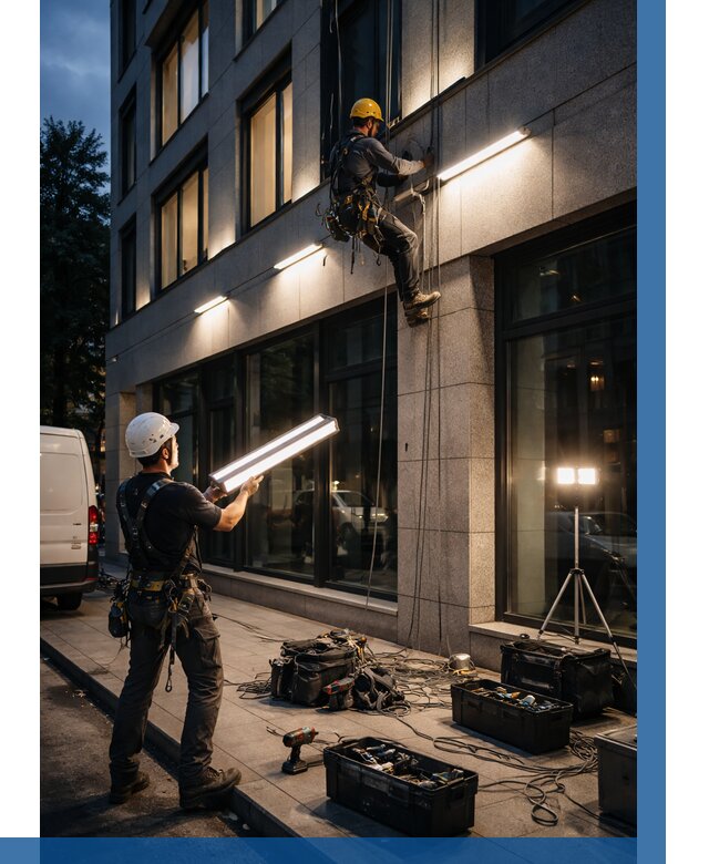 Монтаж архитектурной подсветки здания в Саянске от 2544 р.|ВЫСОТНИК-Сск