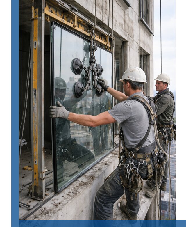 Монтаж стеклопакетов на высоте в Саянске с промышленным альпинизмом