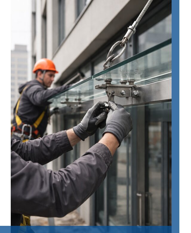 Монтаж стеклянных козырьков в Саянске от 8648 р. | ВЫСОТНИК-Сск