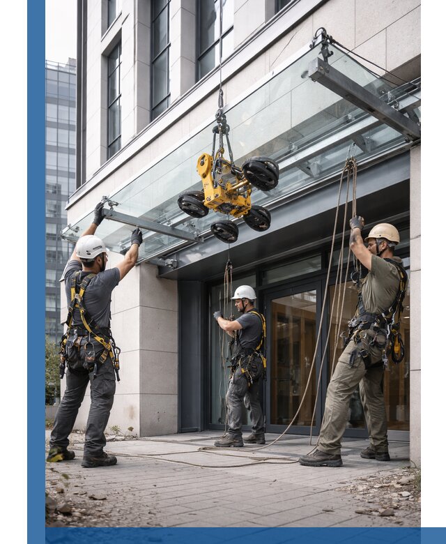 Монтаж стеклянных козырьков под ключ в Саянске для зданий