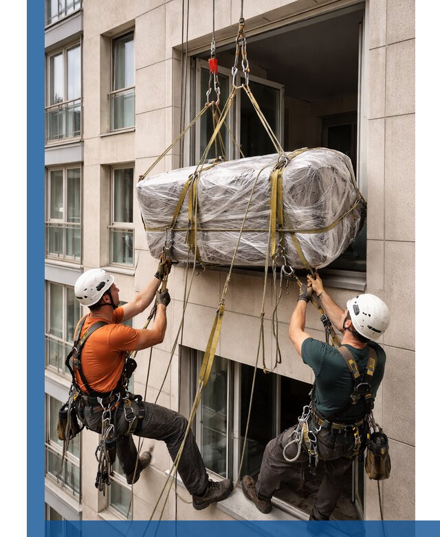 Подъем грузов через окно в Саянске промышленными альпинистами