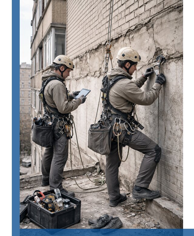 Обследование фасада промышленными альпинистами в Саянске